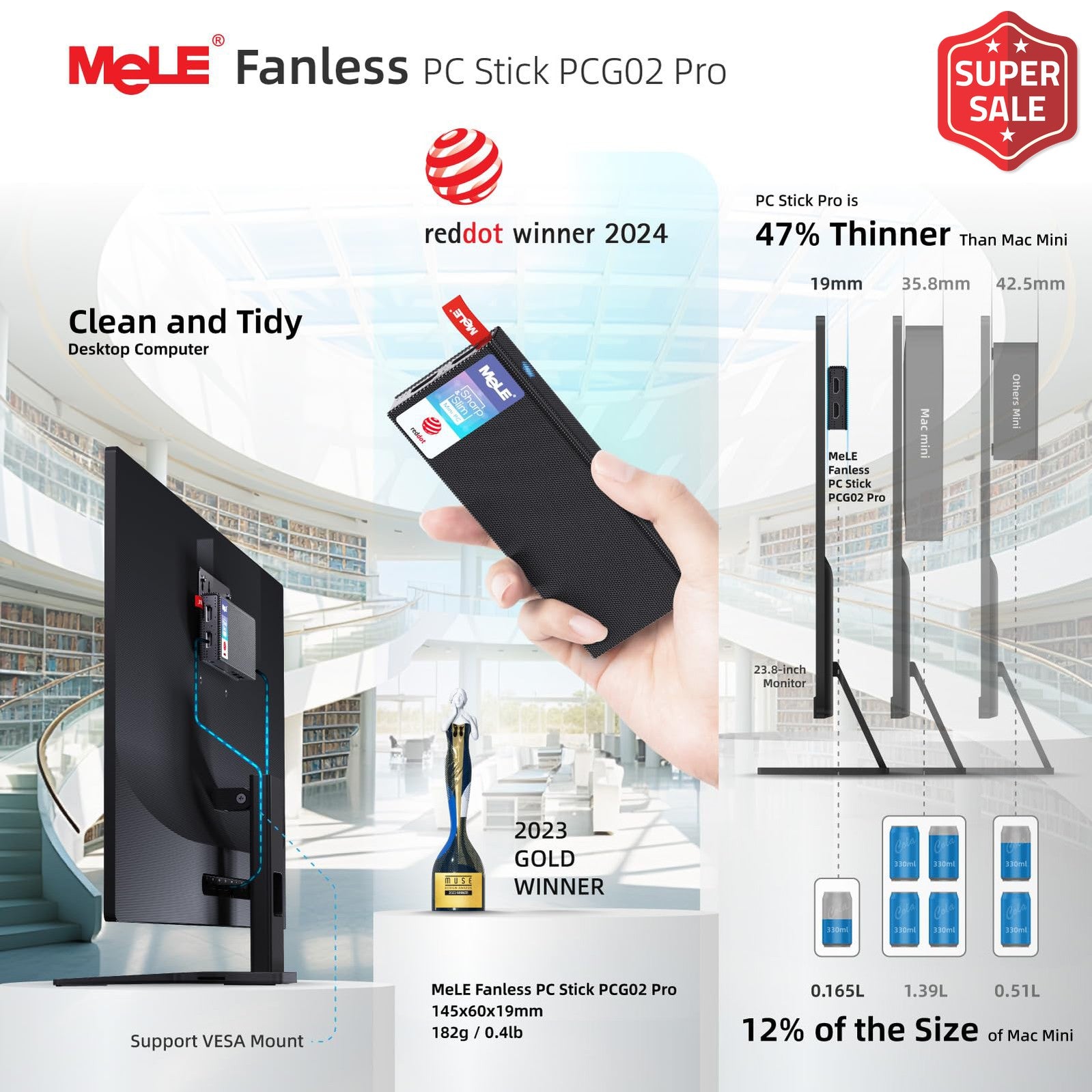 MeLE Fanless Mini PC Stick PCG02 Pro N5105 8GB/256GB Windows 11 Pro WiFi5 USB PD3.0 Micro Computer Stick Dual HDMI 4K Gigabit Ethernet BT5.1