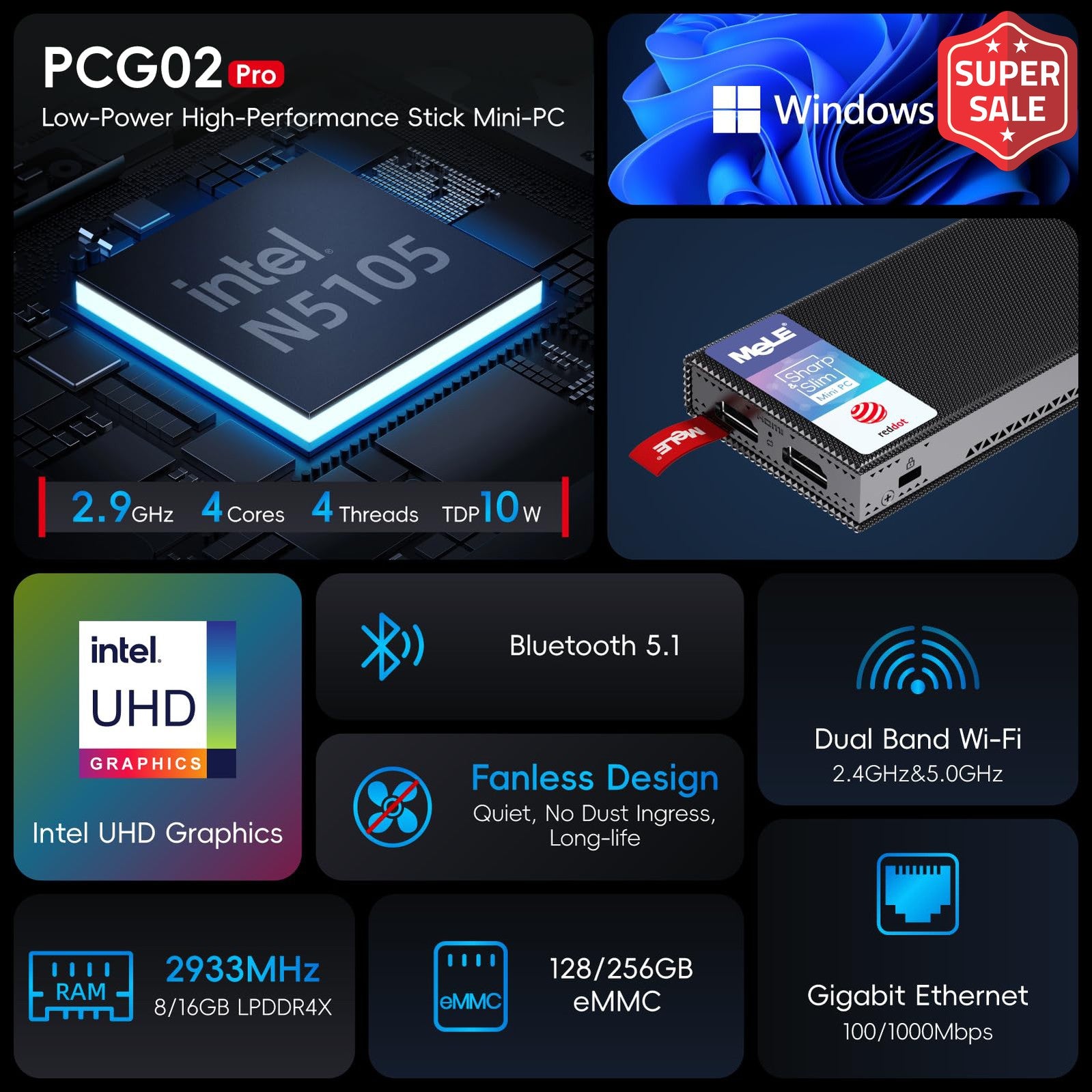 MeLE Fanless Mini PC Stick PCG02 Pro N5105 8GB/256GB Windows 11 Pro WiFi5 USB PD3.0 Micro Computer Stick Dual HDMI 4K Gigabit Ethernet BT5.1